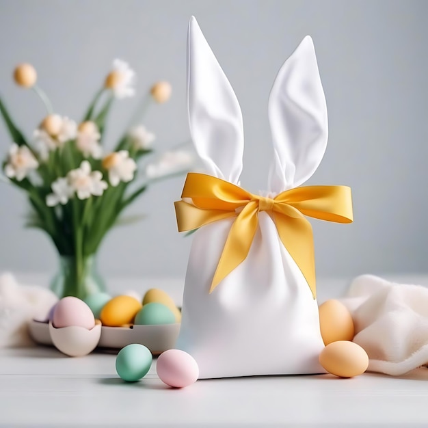 een wit en geel konijn geschenk met een geel lint eromheen