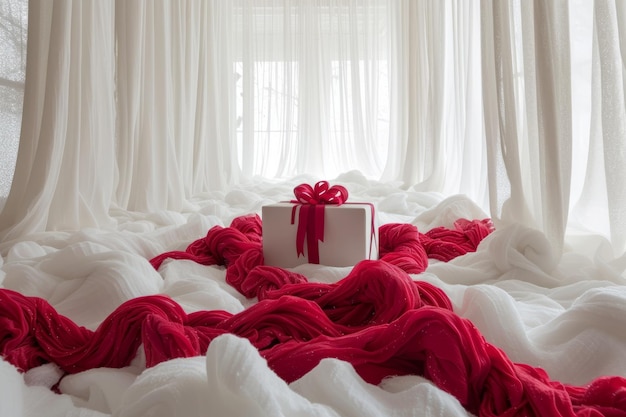 Een wit en rood thema geschenk zit op een wit pluizig materiaal met een rood lint eromheen gewikkeld