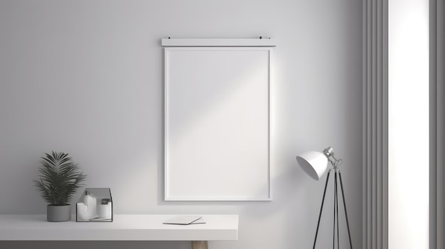 Een wit fotoram dat aan een muur hangt met een lamp erop.