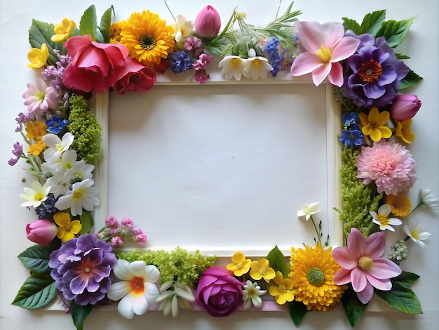 Foto een wit frame is versierd met kleurrijke bloemen die een levendige en opvallende tentoonstelling creëren