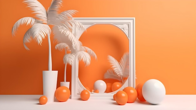 een wit frame met oranje palmboom en wat ornamenten op een oranje achtergrond