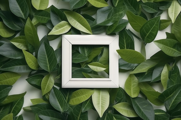 Een wit frame omgeven door groene bladeren op een witte achtergrond.