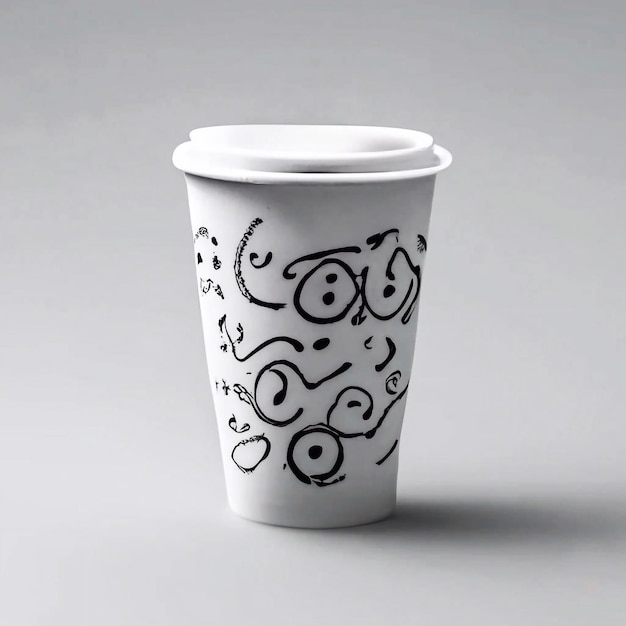 een wit glas koffie met een designerprint