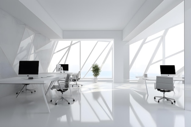 Een wit kantoor met een groot raam en een bureau met een plant erin.