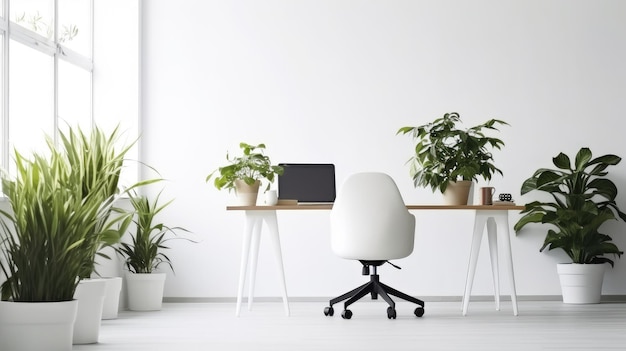 Een wit kantoor met een stoel en een laptop op tafel.