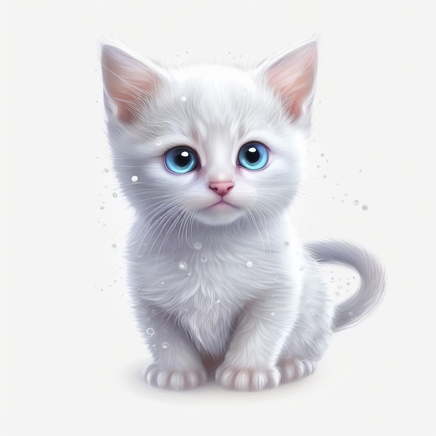 Een wit katje met blauwe ogen zit op een witte achtergrond.