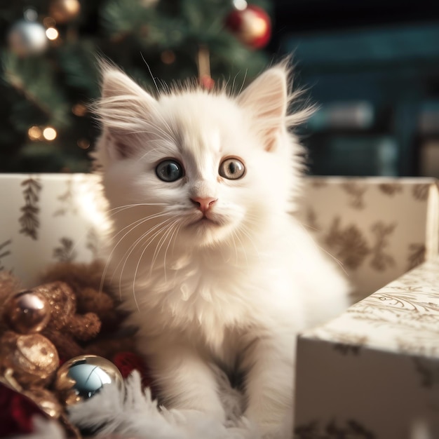 Een wit katje zit op een doos met kerstverlichting erachter Generatieve AI