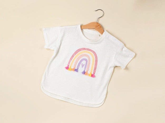 Een wit kinder39s T-shirt met een regenboog op een hanger Kleding voor een meisje