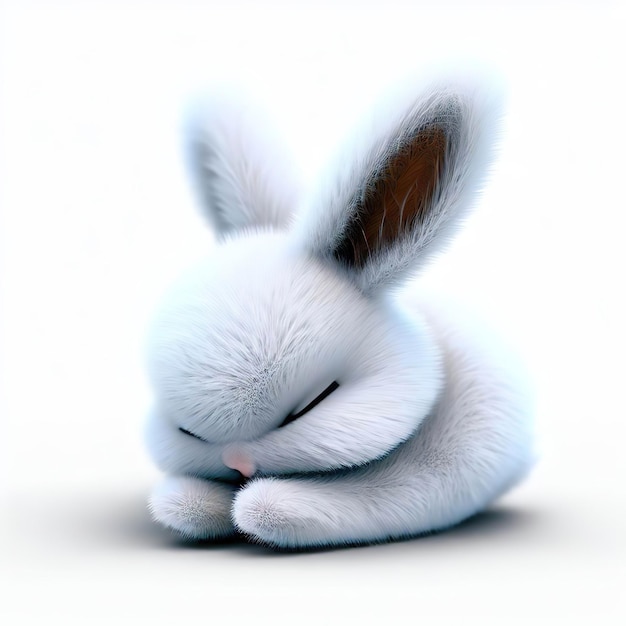 Een wit konijn met een blauwe neus slaapt op een witte achtergrond.