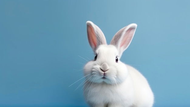 Een wit konijn zit op een blauwe achtergrond