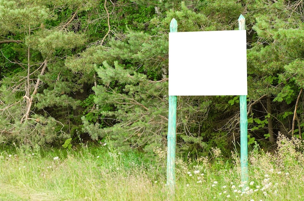 Een wit leeg reclamebord in het bos tussen de bomen Informatie plaatsen in een openbaar park of de aandacht vestigen op milieukwesties Zomerkopieerruimte