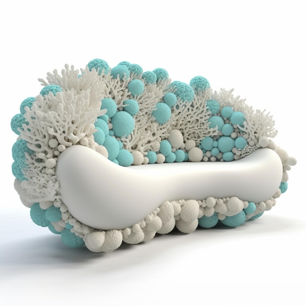 Een wit object met blauwe en groene koralen en koralen.
