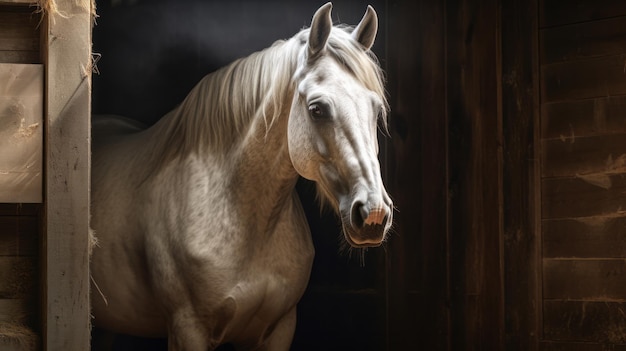 Een wit paard dat in een stal staat