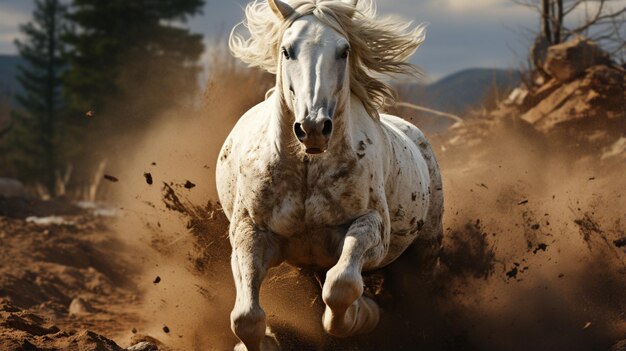 Foto een wit paard dat over de grond springt met een wazige achtergrond