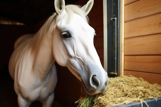 Een wit paard eet hooi in een stal.