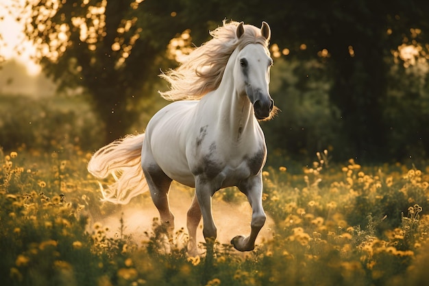 een wit paard galoppeert door een veld in het zonlicht