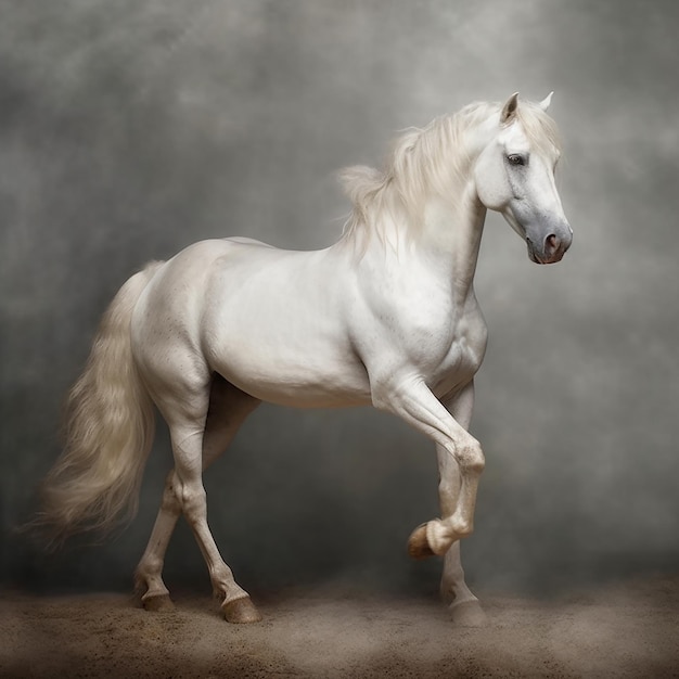 Een wit paard loopt voor een donkere achtergrond.