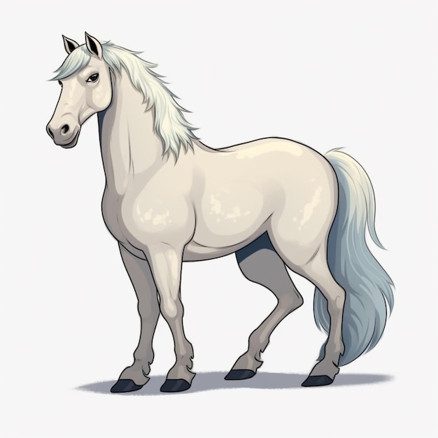 Een wit paard met een blauwe staart en een witte staart staat voor een witte achtergrond.