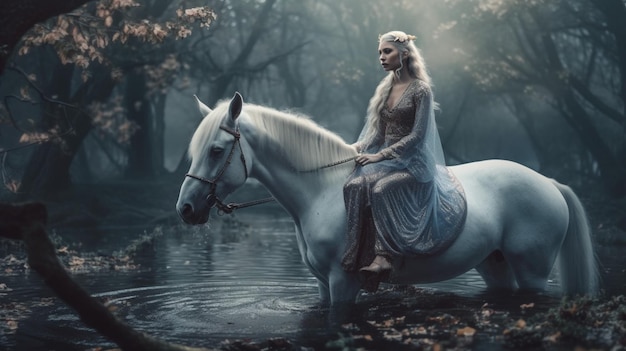 Een wit paard met een vrouw erop