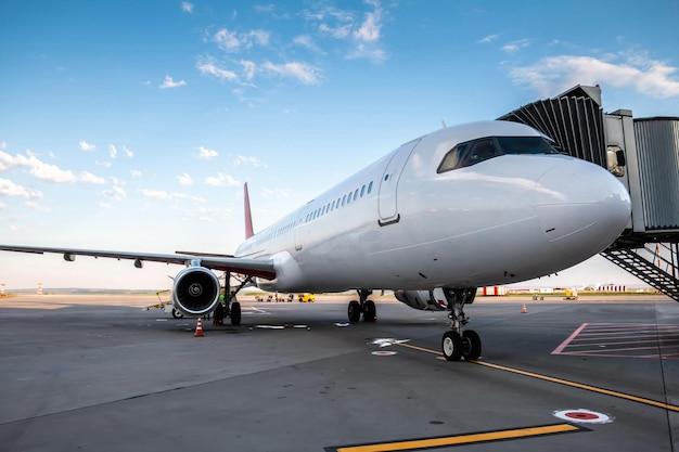 Een wit passagiersvliegtuig bij de jetway