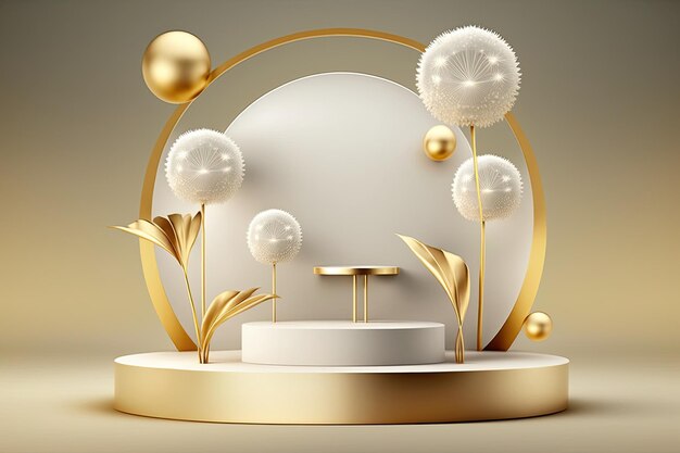 Foto een wit podium met een gouden bol en een gouden bol erop.