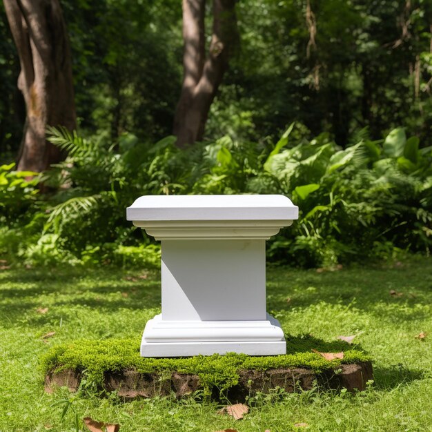 Foto een wit podium met een witte basis in het gras