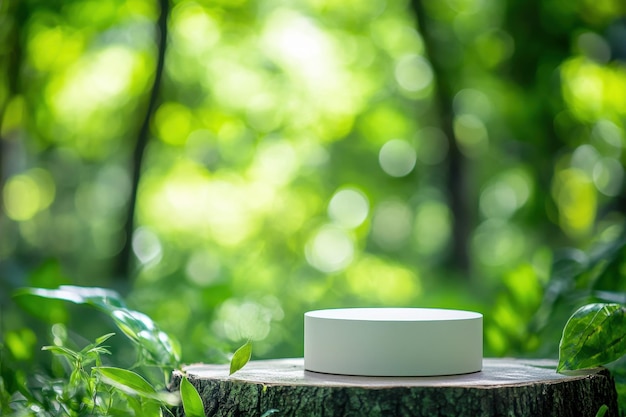 Een wit podium zit op een boomstomp in een weelderige groene bosomgeving