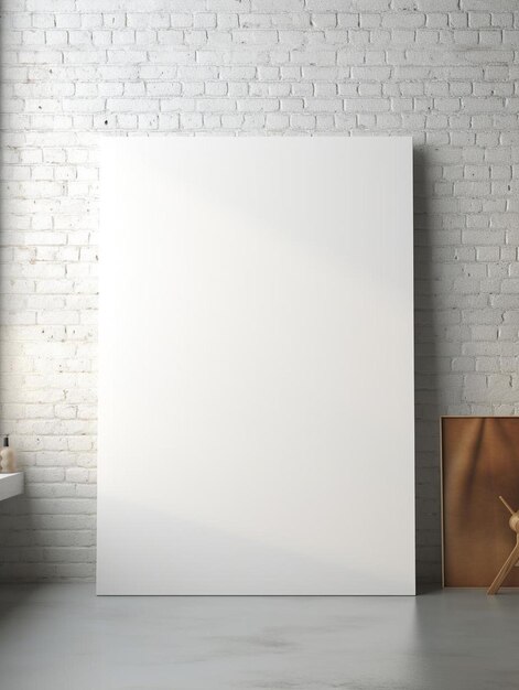 Foto een wit schilderij op een muur in een kamer met een foto van een hond op de muur