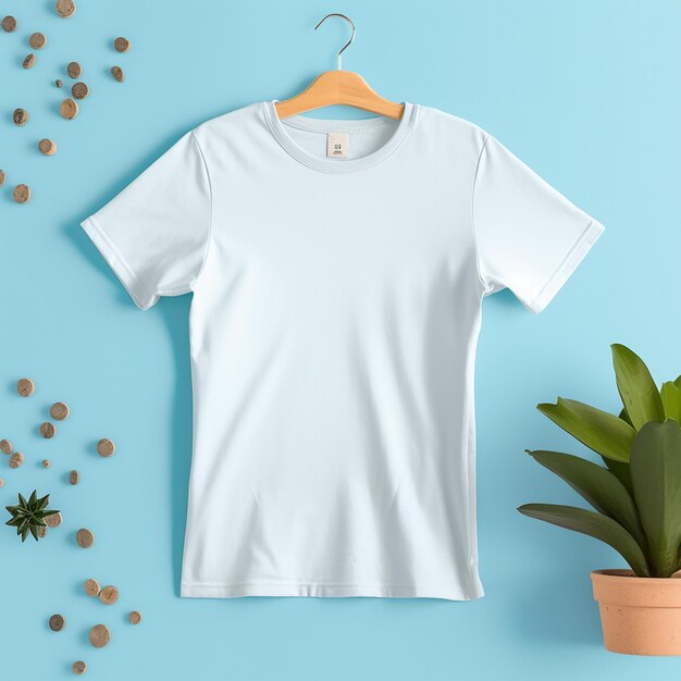 een wit t-shirt hangt aan een hanger met een plant en een plant.