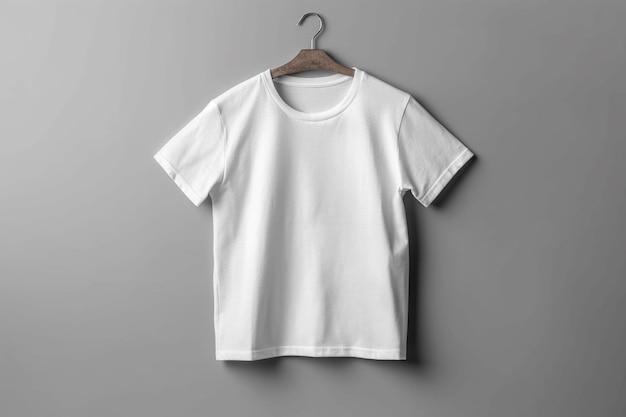 Een wit t-shirt hangt aan een hanger met het woord t-shirt erop.