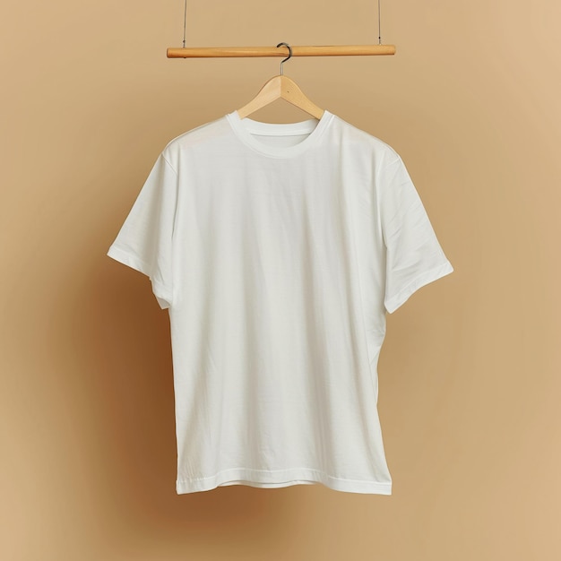 een wit t-shirt hangt op een hanger met een hanger die aan een houten hanger hangt