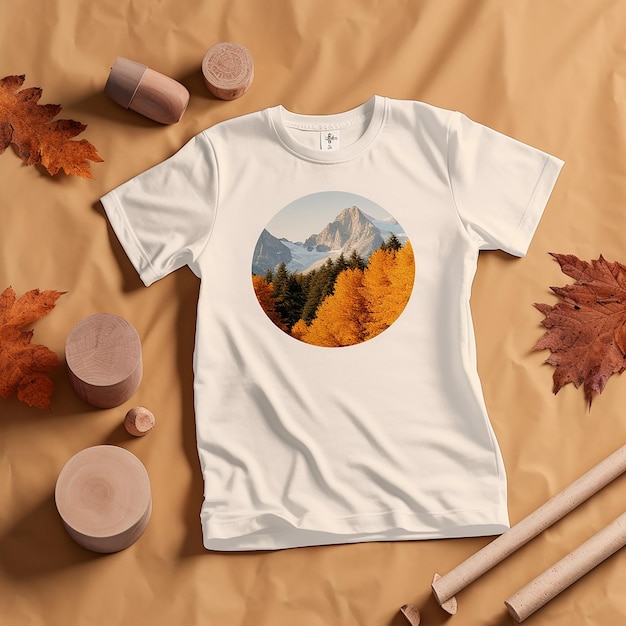 een wit t-shirt met een afbeelding van een berg en bomen erop.