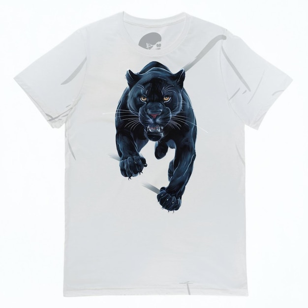 Een wit t-shirt met een foto van een zwarte hond erop