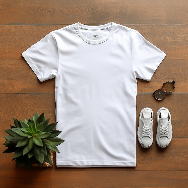 een wit t - shirt met een plant en een plant op tafel.