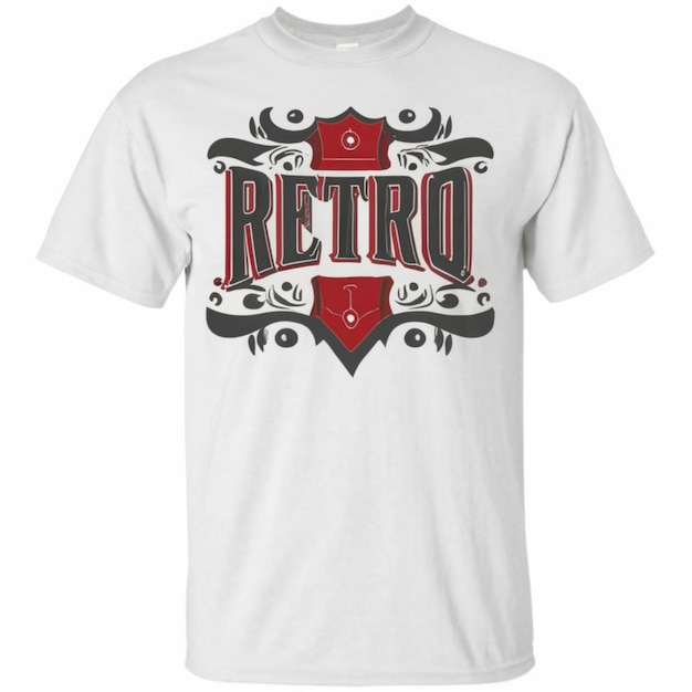 Foto een wit t-shirt met een rood embleem erop dat retro zegt