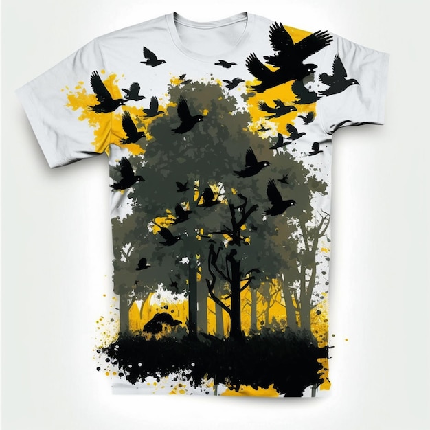 Een wit t-shirt met een zwerm vogels die in de lucht vliegen.