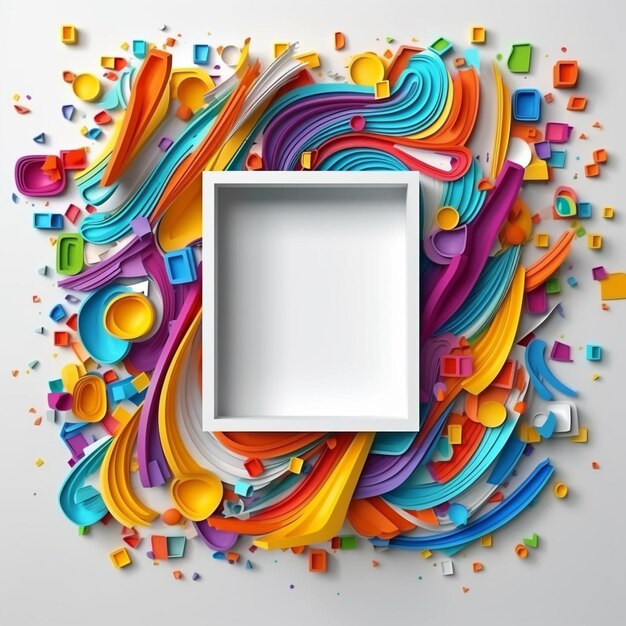 Foto een wit vierkant frame omringd door kleurrijke papier gesneden vormen generatieve ai