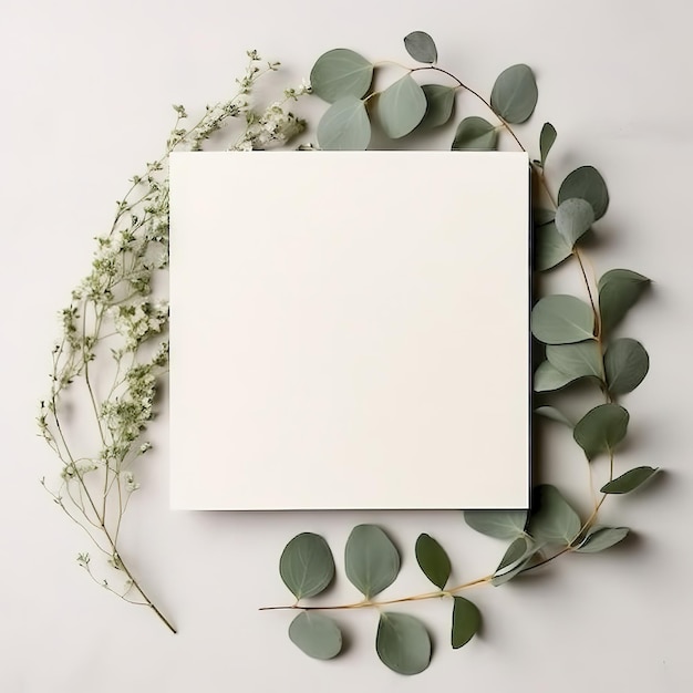 Foto een wit vierkant met eucalyptusbladeren en een wit vierkant frame met een groen blad erop.