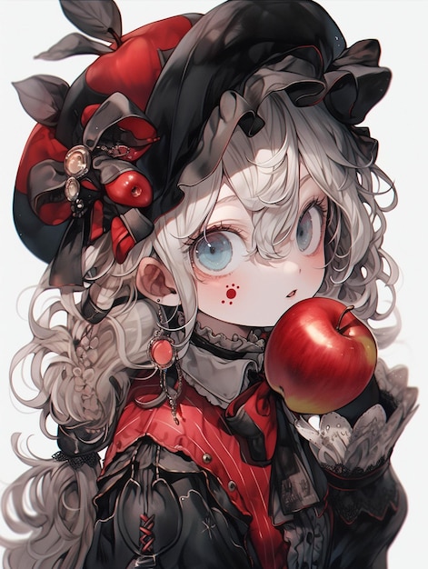 Een witharig meisje met een appel
