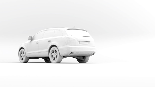 Foto een witte 3d-modelauto met witte achtergrond.