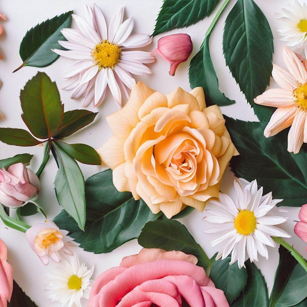 Een witte achtergrond met bloemen en een groen blad.