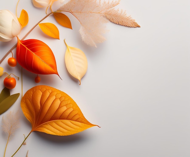 Een witte achtergrond met een kleurrijk blad waarop de herfst staat