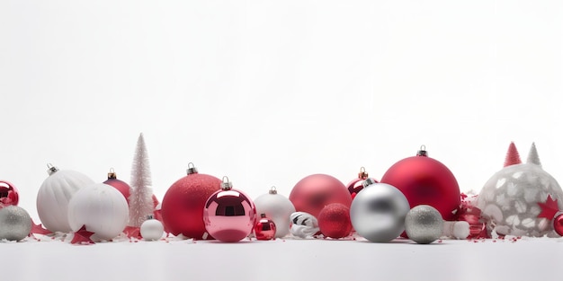 Een witte achtergrond met ornamenten en een rode en witte kerstboom