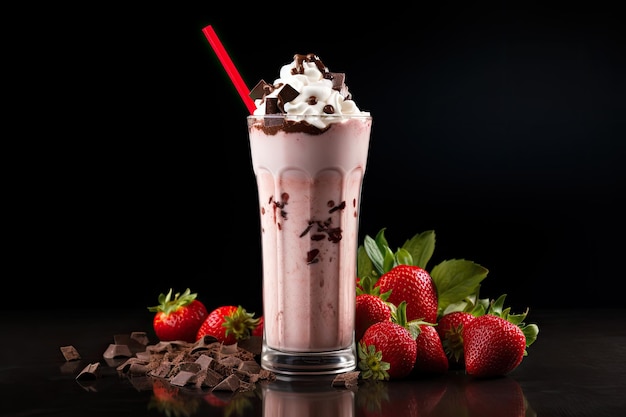 Een witte achtergrond toont alleen een milkshake met aardbeien, chocolade en vanille