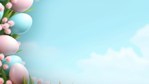 Een witte achtergrond versierd met kleurrijke bloemen en feestelijke paaseieren gerangschikt in een vrolijke weergave Generatieve AI