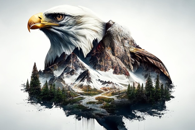Een witte adelaar in de Rocky Mountains met de Amerikaanse vlag