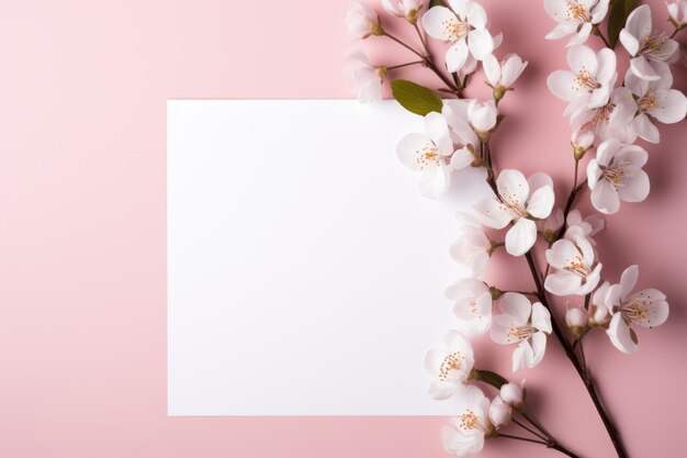 Een witte ansichtkaart met een bloemtak ligt op een roze achtergrond een plek voor tekst