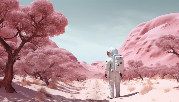 Foto een witte astronaut die in de roze planeet ver weg loopt