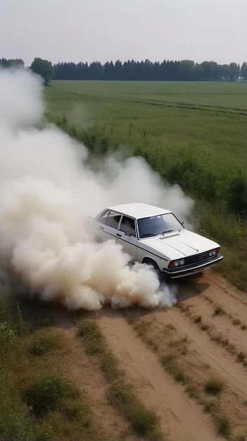 Foto een witte auto die over een vuilweg rijdt