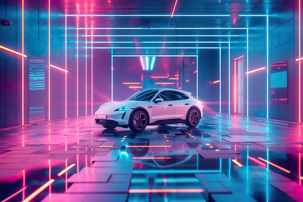 Een witte auto is geparkeerd in een kamer verlicht door neonlichten die een futuristische sfeer creëren
